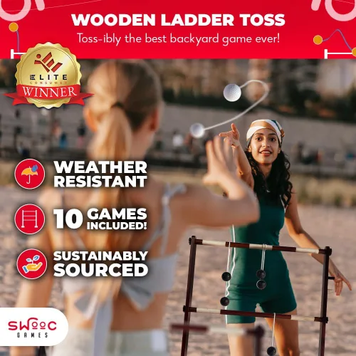 Miniatura 2 de SWOOC Games® - Juego de pelota de escalera de madera premium (resistente a la intemperie) - con más de 10 juegos y estuche de transporte - Fácil