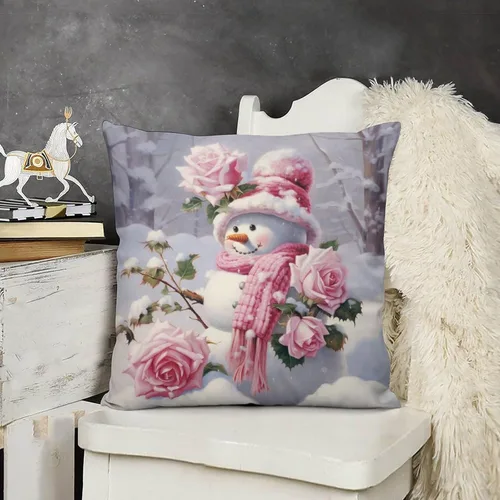 Miniatura 10 de Funda de cojín de muñeco de nieve con rosas rosadas, bufanda y sombrero, funda de almohada para cama, decoración moderna para sofá, dormitorio, sala