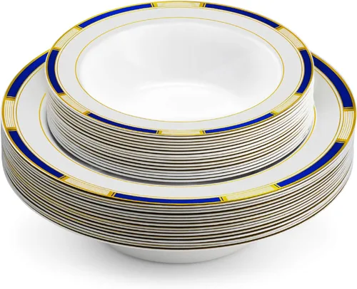 Miniatura 5 de Laura Stein Juego de vajilla de diseñador 32 cuencos de plástico desechables para fiestas, cuenco blanco con borde azul y detalles dorados