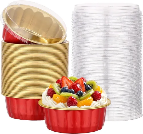 Miniatura 74 de Beasea Ramequines con tapas, 8oz 50 unidades de tazas de aluminio desechables para hornear, tazas de papel de aluminio plateado para creme brulee