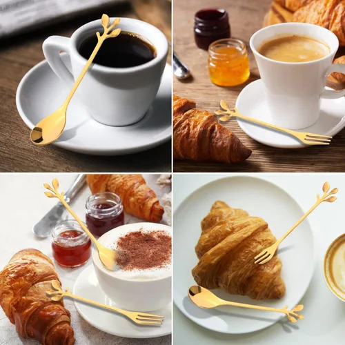 Miniatura 5 de Juego de 12 cucharas de café de acero inoxidable con hojas doradas y tenedores de frutas para tartas, accesorios de cocina, fiesta de boda