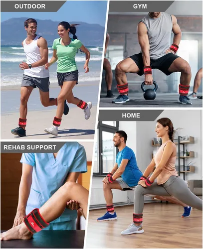 Miniatura 5 de Pesas de tobillo ajustables de 1-3/4/5/6/8/10/12/15/20 libras, par con peso extraíble para correr, gimnasia, aeróbic, terapia física Rojo