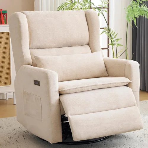 Oversized Swivel Rocker Recliner with Lumbar Cushion,Power Recliner Nursery Chair with Adjustable Headrest,Nursery Glider Recliner for Living Beige