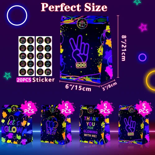 Miniatura 3 de XJLANTTE Bolsas de regalo de fiesta de neón brillante, 20 bolsas de regalo de neón con calcomanías, bolsa de papel de color fluorescente