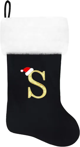 Miniatura 63 de Calcetines de Navidad bordados de 20 pulgadas con monograma, terciopelo negro con puño de felpa blanca supersuave, adornos clásicos para decoración