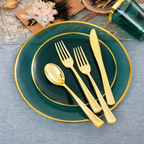 Miniatura 5 de LIYH - 180 platos navideños de plástico transparente y verde dorado, juego de vajilla de plástico desechable verde esmeralda, incluye platos