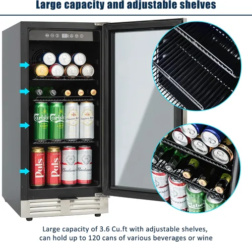 Miniatura 6 de IOCCIOBB Mini refrigerador de 15 pulgadas, gabinete de vino y bebidas, 120 latas, 34-65°F, silencioso, estantes ajustables, iluminación LED, ETL