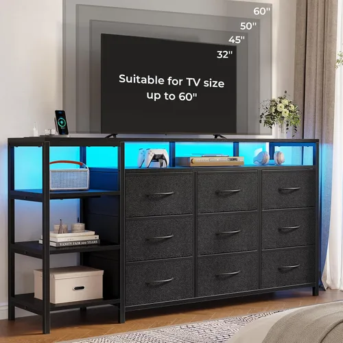 Miniatura 10 de Soporte de TV para 60 Pulgadas, Cómoda con Estación de Carga y Luces LED, 9 Cajones de Tela, Centro de Entretenimiento y Mesa Consola Industrial