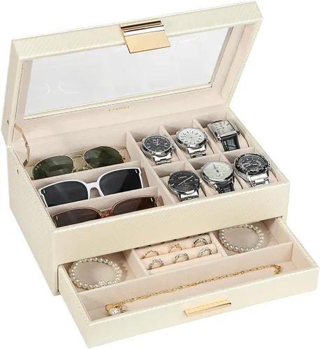 LANDICI Caja de reloj para hombres y mujeres, 2 capas de piel sintética, organizador de relojes, caja de almacenamiento grande, caja de joyería,