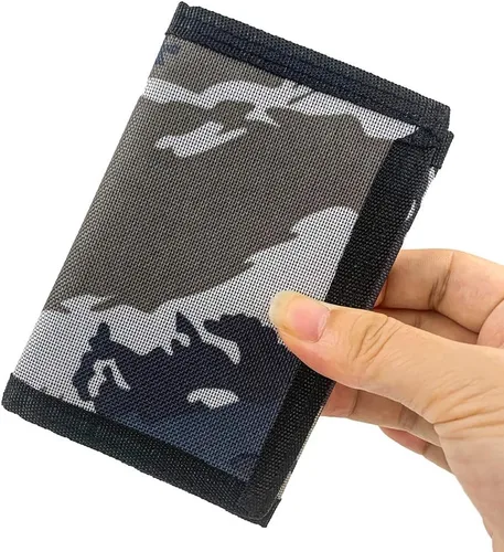 Miniatura 6 de Cartera de lona triple RFID para deportes al aire libre para hombres lindo monedero con cremallera y bolsillo frontal para niños color camuflaje