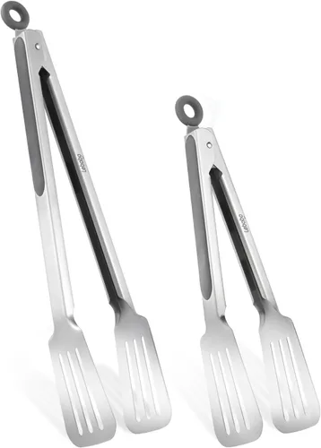 Miniatura 9 de Pinzas de metal para cocinar, juego de 2 pinzas de espátula de acero inoxidable para asar a la parrilla, cocinar y voltear, agarre fuerte