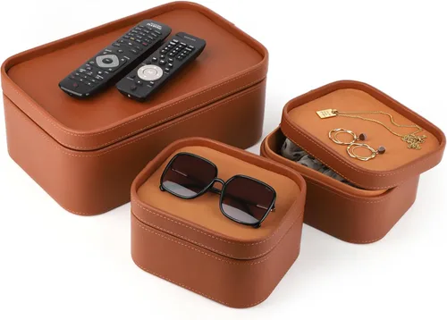 Miniatura 3 de HofferRuffer Cajas de almacenamiento decorativas de piel sintética, cestas de almacenamiento a prueba de polvo con tapas y bandejas, contenedores
