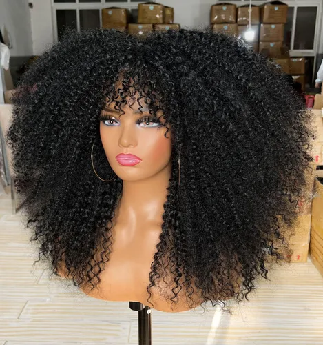 Miniatura 4 de Sweece - Peluca afro larga y rizada con flequillo para mujeres negras, peluca de cabello rizado de 17 pulgadas (17 pulgadas, negro)