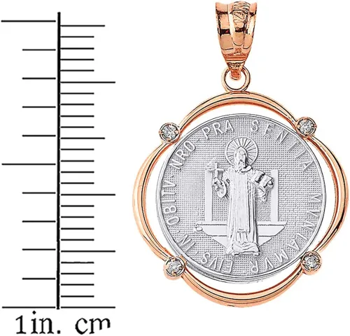 Miniatura 2 de Medalla de San Benito de oro rosa de 14 quilates marco redondo de diamante Saint Benedict