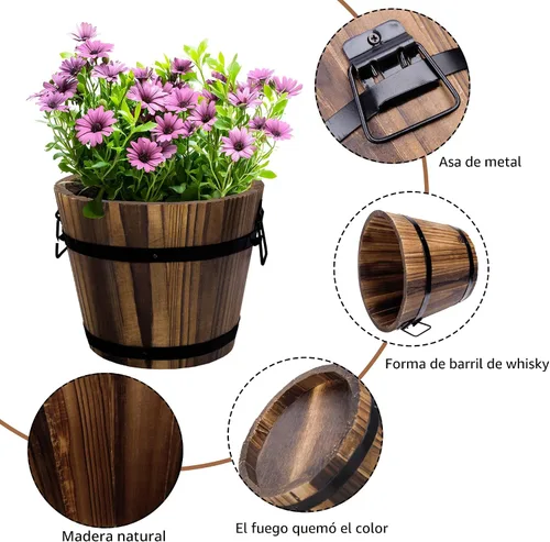 Miniatura 3 de Adnee Paquete de 4 Macetas de Barril de Whisky de Madera - Juego de Macetas de Jardín de Barril de Cubo de Madera de 4 Tamaños - Macetas Rústicas