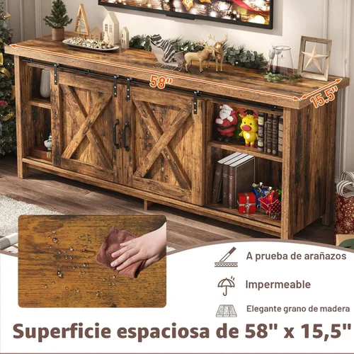 Miniatura 4 de Soporte de TV de granja para TV de 65 pulgadas con puerta corrediza de granero, centro de entretenimiento de madera rústica, gabinete de consola