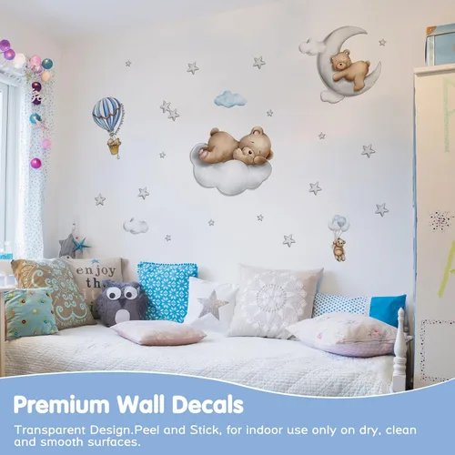 Miniatura 2 de Calcomanías de pared de oso lindo durmiendo en la luna de nubes, calcomanías de pared de oso bebé, calcomanías de pared removibles de hadas, mural
