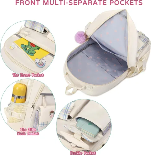Miniatura 8 de Mochila para niñas de 15.6 pulgadas para laptop, bolsa escolar para niños de primaria y universidad, mochilas y bolsos escolares para niñas Beige