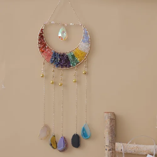 Miniatura 5 de Adorno de Ágata de Piedra de Cristal Gema Natural Árbol de la Vida Luna Atrapasueños con Cristal 7 Chakra Piedras Preciosas Atrapasueños de Arcoíris
