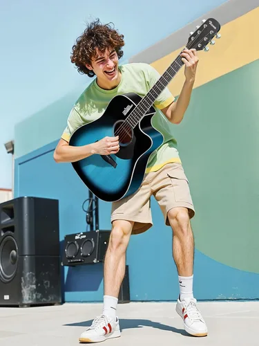 Miniatura 7 de Rosen Guitarra acústica Dreadnought de tapa sólida de 104 cm con abeto, para principiantes, con libro, bolsa acolchada, cuerdas, púas, llave Azul