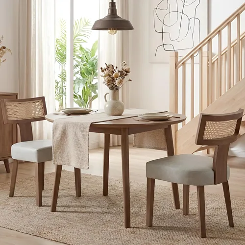 Miniatura 28 de HNY Juego de 6 sillas de comedor de ratán de estilo de mediados de siglo, silla de acento tapizada en lino de estilo granja con respaldo curvo