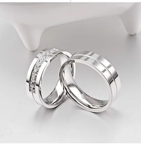 Miniatura 4 de LANHI Anillos de compromiso de acero inoxidable de 0.236in para él y ella, con circonita cúbica