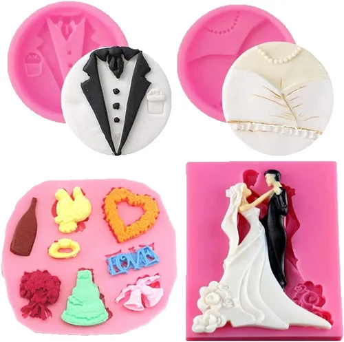 Cestony Juego de esmoquin para novia y novio, moldes de silicona para bricolaje, boda, fiesta, pastel, fondant, galletas, jabón, pudín de azúcar, 4