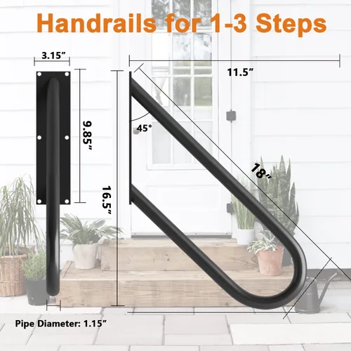 Miniatura 2 de Pasamanos de escalera en forma de U de 18 pulgadas para 1-2 escalones, barandillas de escalera negras para interiores o exteriores, barandillas