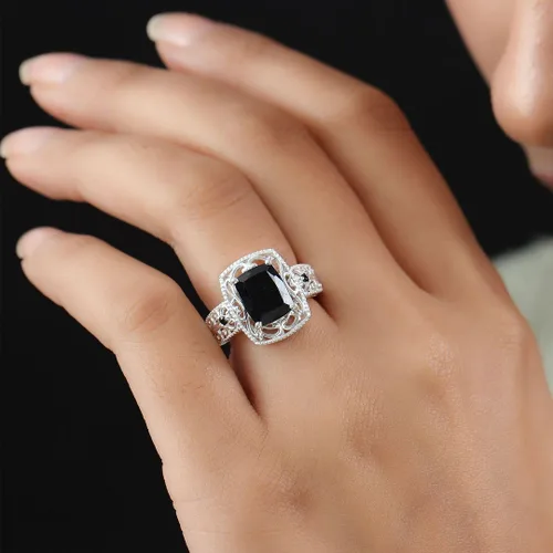 Miniatura 4 de Black Tourmaline Rings - Birthstone Rings for Women - Engagement Promise Ring for Her Statement Vintage Stainless Steel Tourmaline Jewelry Birthday