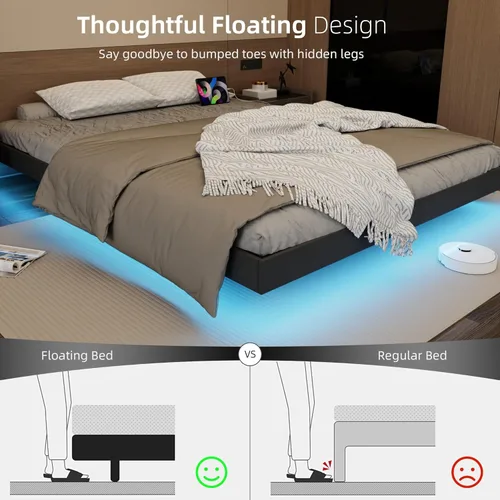 Miniatura 6 de Base de cama flotante de tamaño matrimonial con luces LED y estación de carga, marco de cama de plataforma de metal sintético negro, fácil montaje