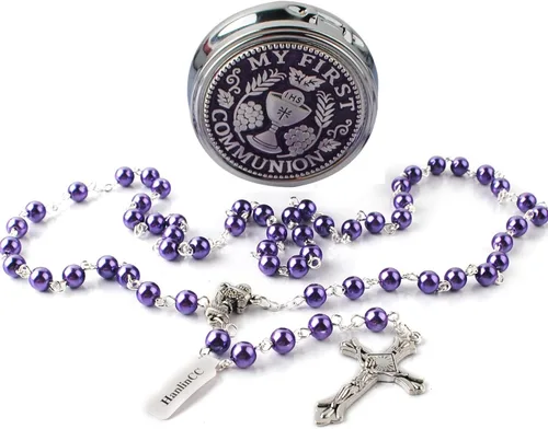 Miniatura 10 de HanlinCC - Rosario para primera comunión de 6 mm con centro de cáliz, perlas de cristal y crucifijo chapado en plata para niña, en caja de regalo