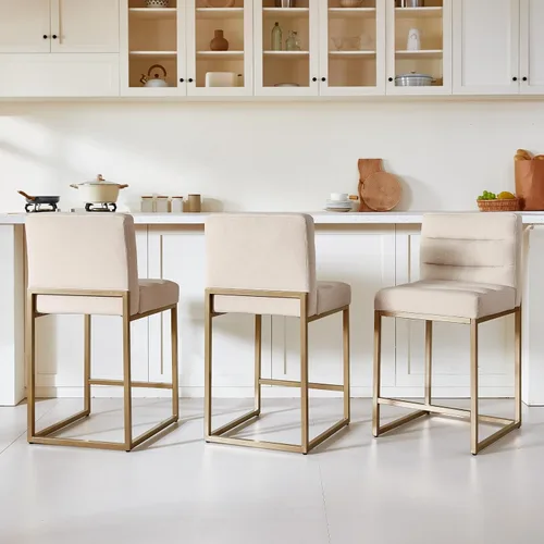 Miniatura 13 de GrandNoor Juego de 2 taburetes de bar modernos de piel sintética beige de 25 pulgadas con patas traseras de metal resistentes, cableado a cuadros