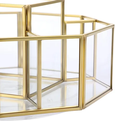 Miniatura 5 de Hipiwe Organizador de maquillaje de vidrio giratorio de 360 grados, 5 ranuras de metal dorado, soporte de exhibición de almacenamiento de cosméticos