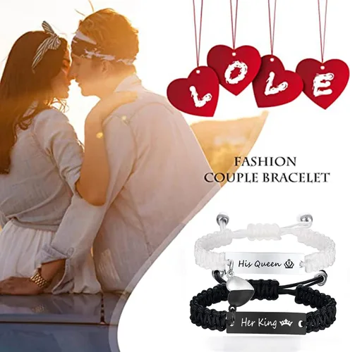 Miniatura 4 de XUANPAI Juego de pulseras de identificación trenzadas hechas a mano con cuerda grabada para parejas, regalo personalizado de aniversario para él