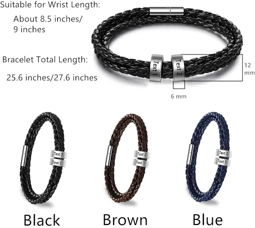 Miniatura 5 de Pulseras personalizables de cuero trenzado para hombre con 1-8 cuentas grabadas con nombre, pulsera de identificación para hombre, regalo para papá