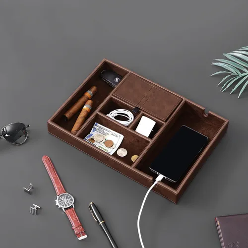 Miniatura 5 de BEWISHOME Bandeja de valet para hombre, organizador de mesita de noche, organizador de almacenamiento de escritorio con estación de carga grande