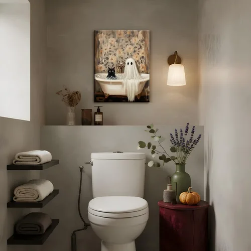 Miniatura 4 de Obras de arte en lienzo de fantasmas de Halloween para baño, decoración de pared con fantasmas de terror y lindo gato negro en la bañera, pinturas