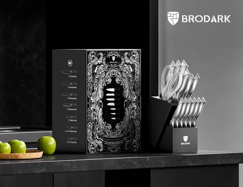 Miniatura 7 de BRODARK Juego de cuchillos de cocina con bloque, juego de 15 piezas con afilador integrado, juego de cuchillos de cocina de acero inoxidable de alto