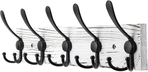 Miniatura 12 de Kuhome Perchero de madera para colgar sombreros de pared, tablón de madera real de pino de 16.9 pulgadas, color marrón, con 5 ganchos triples
