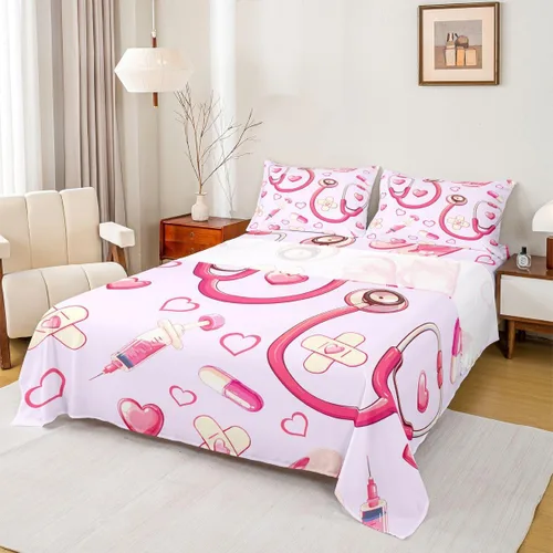 Miniatura 35 de Erosebridal Nurse Sheet Set Stethoscope Twin Sheets Set for Teen Boys,Colorful Medical Healthcare Heartbeat Syringe Fitted Sheet
