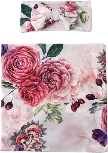 Miniatura 3 de Galabloomer Conjunto de Manta Receptora y Diadema para Recién Nacido Bebé Flor Rosa Envolvente con Moño Grande (Rosa Nostalgia)