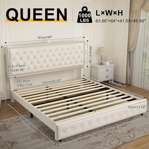 Miniatura 2 de Base de cama de plataforma tapizada tamaño Queen con cabecera LED, proyector de estrellas integrado y cabecera ajustable, no necesita somier, fácil