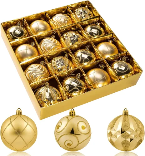 Juego de adornos de bola de Navidad dorados de 3.15 pulgadas, 16 piezas de adornos dorados para árbol de Navidad, bolas colgantes grandes
