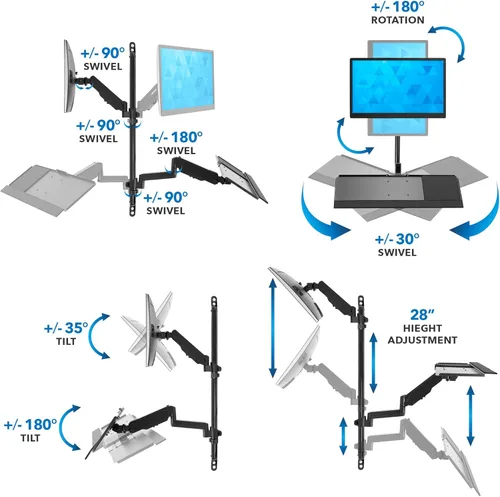 Miniatura 6 de Mount-It! Estación de trabajo de montaje en pared con soporte para monitor individual, bandeja para teclado y soporte para CPU, brazos ajustables