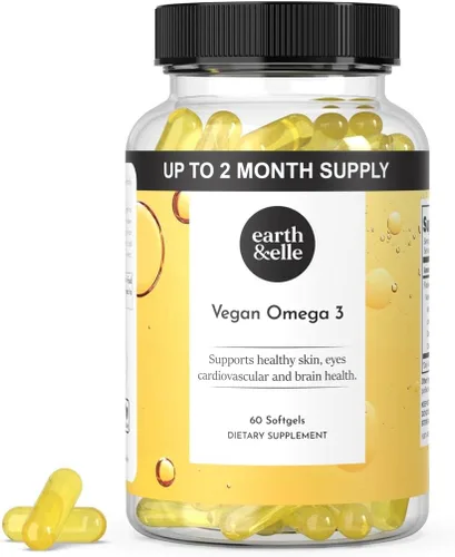 Earth & Elle Suplemento de algas Omega 3 - Omega 3 vegano - Suplemento vegano Omega 3 con aceite de algas y DHA vegano - Ayuda a apoyar la salud del