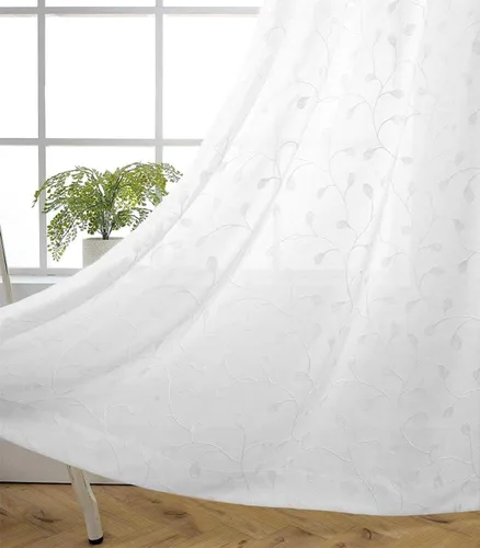 Miuco - Cortinas con ojales de lino sintético, semitransparentes, bordadas con flores, para sala de estar Blanco puro
