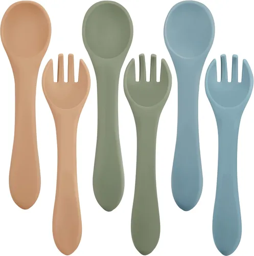 Miniatura 9 de Nuenen Juego de 6 tenedores y cucharas de silicona para bebés, suministros de autoalimentación para primera etapa, mini utensilios para niños