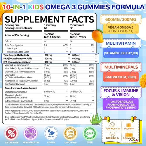 Miniatura 2 de Gomitas veganas con Omega 3 para niños de 4 años: Suplemento natural de ácidos grasos omega-3 DHA EPA con vitamina D3 B12 probiótico luteína zinc