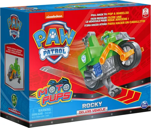 Miniatura 9 de Paw Patrol, Moto Pups Moto Deluxe de Rocky con vehículo de motocicleta de tracción que hace piruetas y figura de juguete