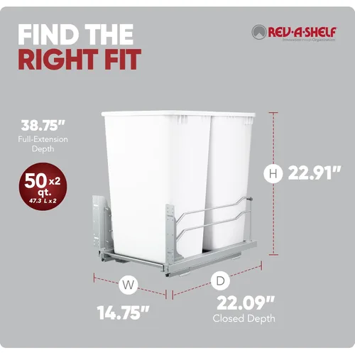 Miniatura 3 de Rev-A-Shelf Botes de basura de doble extracción para armarios de cocina de altura completa 50 cuartos 12.5 galones con rieles de cierre suave, Blanco